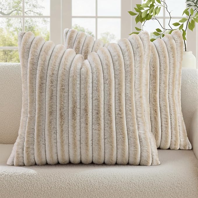 decorUhome Summer Cozy Faux Fur Throw Pillow Covers 20x20 Set of 2 Decorative Soft Plush Striped Modern Farmhouse Boho Couch Pillow Cases with Velvet Back for Sofa Bed Living Room, Beige White