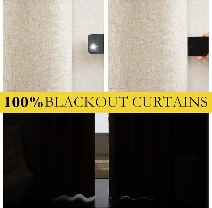 NICETOWN Linen Blackout Curtains for Kitchen, Beige, 2 Panels, 34" Wide x 60" Long, Short Kitchen Burlap Linen 100% Blackout Drape Panels for Night Shift, Great Job for Blocking Light