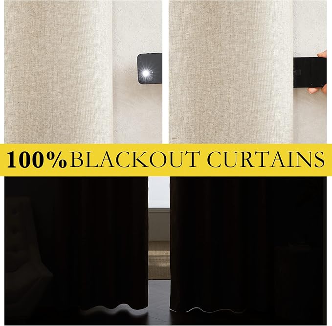 NICETOWN 100% Blackout Linen Texture Curtains 72 inches Long, Beige, 2 Panels, Thermal Insulated Full Blackout 2-Layer Lined Drapes, Energy Efficiency Window Draperies for Boy's Room