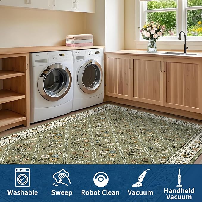 Washable Kitchen Rugs Non Slip 2x6 Hallway Runner Rug Stain Resistant Low Pile Floral Floor Rug with Rubber Backing Non Shedding Runners for Indoor Entryway Bedside Bedroom Farmhouse RV Green