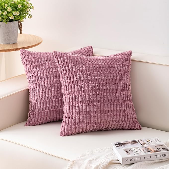 Pack of 2 Corduroy Decorative Throw Pillow Covers 24x24 Inch Soft Striped Pillow Covers Modern Farmhouse Home Decor for Sofa Living Room Couch Bed（Pink）