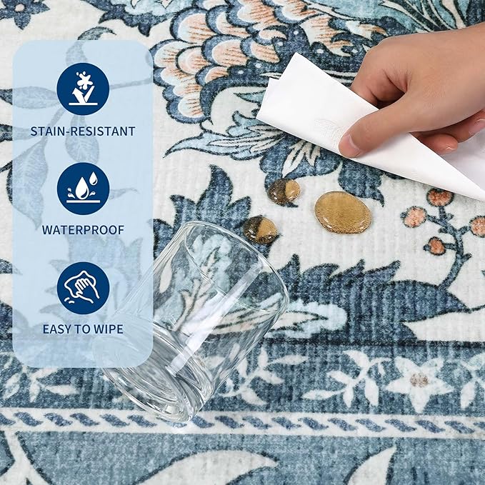 GarveeHome Misty Blue Botanical Grove 6ft Round Rug, Small Circle Vintage Cottagecore Soft Low-Pile Non-Slip Washable Rugs for Living Room Bedroom Nursery Kitchen Retro Carpet