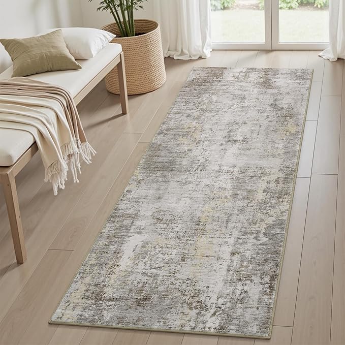 AMOAMI 2 x 8 Hallway Runner Rug Non Slip Super Soft Long Runner Rugs Machine Washable Low Pile Modern Abstract Runners for Hallways for Bedroom Laundry Room Kitchen, Beige