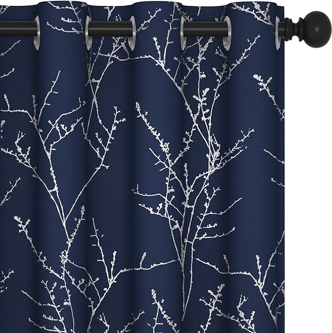 Deconovo Blackout Curtains, Navy Blue Curtain, Thermal Insulated Soundproof Drapes, Branch Silver Print, 52 x 95 Inch Long, Machine Washable Grommet Panels for Bedroom Living Room Office, Set of 2