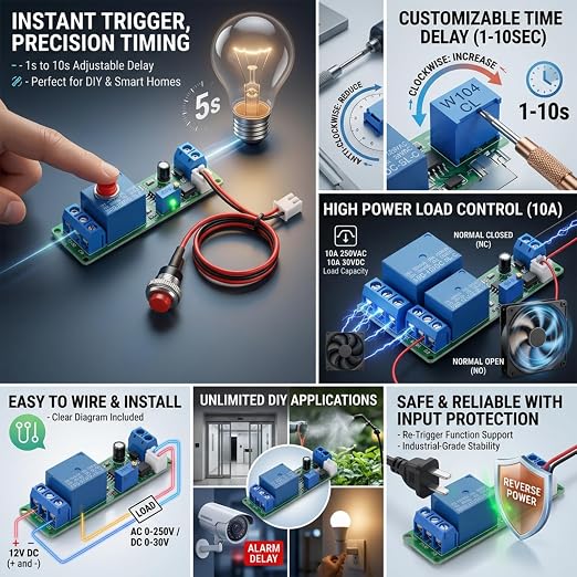 Timer Relay Module, DC 12V Adjustable Timer Delay Turn Off Module Timing Relay - Image 9