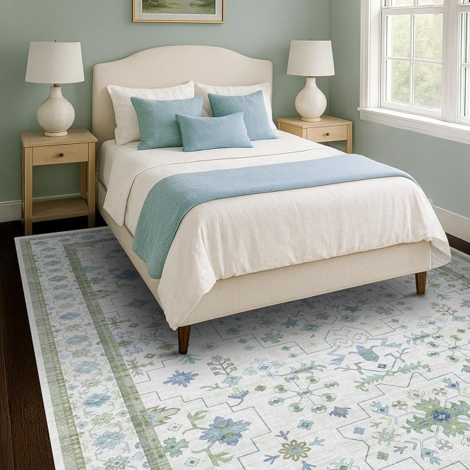 Hazo Haus Blue and Green Living Room Rug 7x10 - Cream Oushak Vintage Boho Floral Farmhouse, Washable Low Pile Non-Slip Extra Large Area Rugs for Bedroom, Kids, Lounge