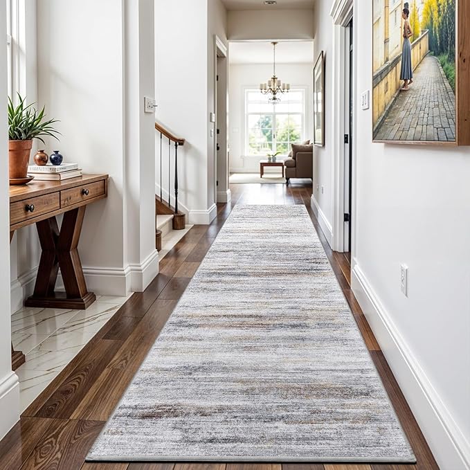 Washable Hallway Runner Rug for Home: Extra Long Runners for Entryway Living Room Dining Room - Stain and Water Resistant Rugs with Non-Slip Backing - Soft Low-Pile Carpet 2'6''x14' Beige Grey