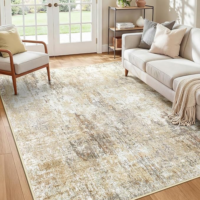 Washable Area Rugs 4'x6' Non-Slip Modern Abstract Soft for Living Room Entryway Bedroom Nursery, Print Pattern, Neutral Brown Gray
