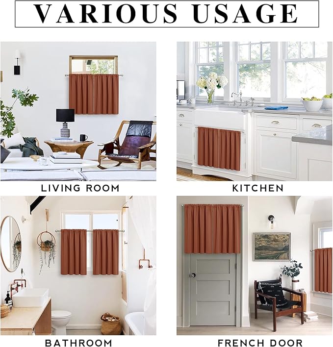 RYB HOME Blackout Bathroom Window Curtains, Short Thermal Insulated Heat Blocking Rod Pocket Half Window Curtain Tiers for Nursery Bedroom, Width 42 by Length 30, Burnt Orange, 2 Panels