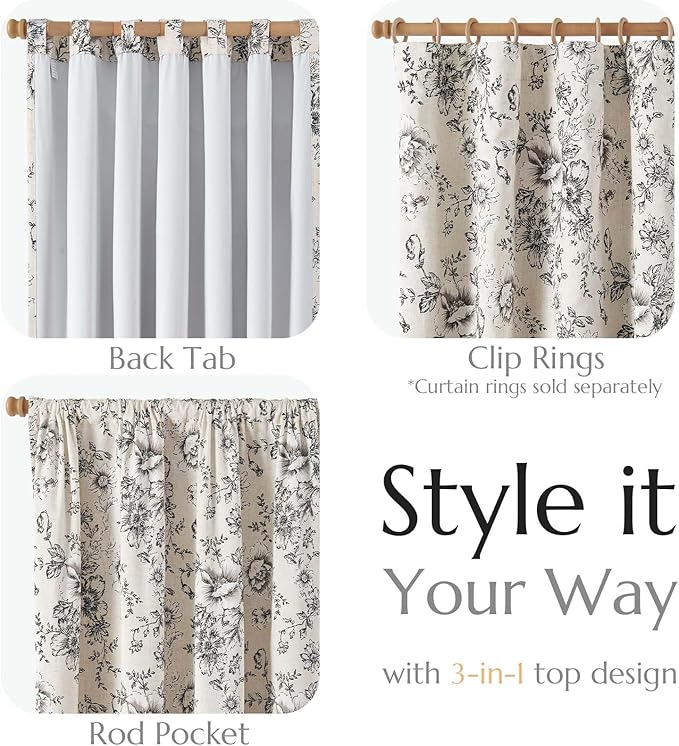 jinchan Blackout Floral Curtains for Living Room Bedroom Linen Blend Curtain Farmhouse Black Printed with Lined Back Tab Rod Pocket Drapes Window Treatments 2 Panels 120 Inch