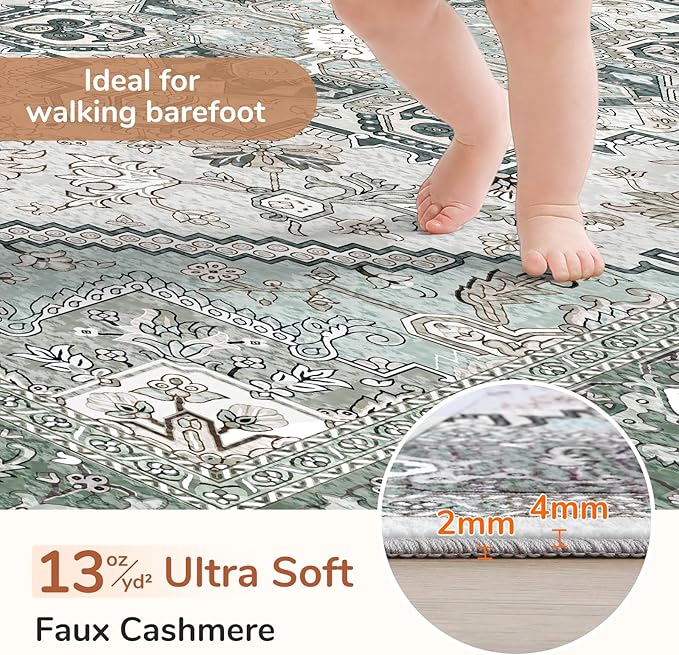 OPPODREAM Soft Area Rugs 5x7, 5x7 Washable Rug with Non Slip Backing, 5 x 7 Faux Cashmere Low-Pile Carpet, Green
