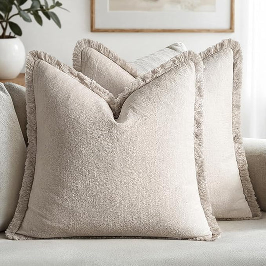MIULEE Decorative Throw Pillow Covers Neutral Linen Fringe Throw Pillows Euro Shams Set of 2 Natural Beige Boho Farmhouse Cushion Covers for Couch Sofa Bed Living Room Spring Home Decor 26x26 Inch