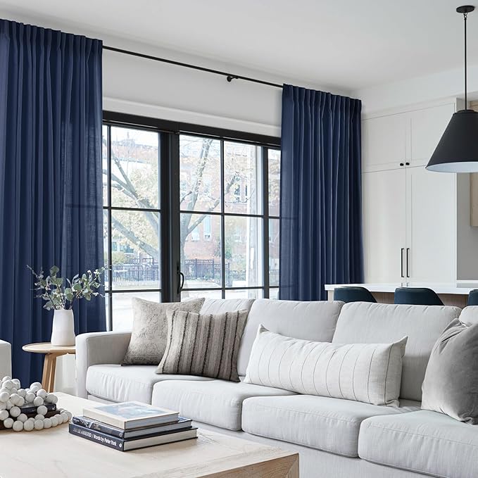 Navy Blue Curtains for Living Room Back Tab Modern Farmhouse Semi Sheer Blue Curtains 72 inches Long 2 Panels Set Muted Neutral Window Curtain for Dining Room Bedroom 60x72