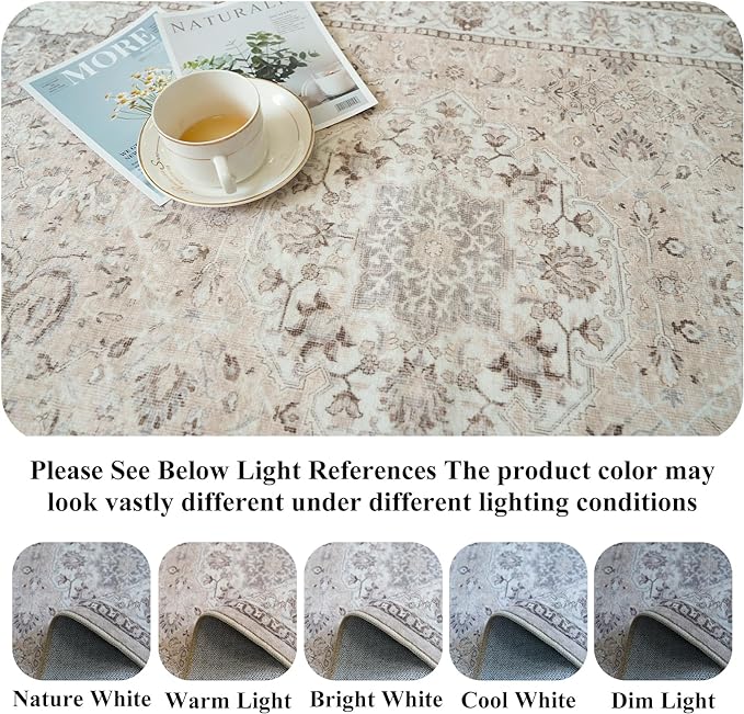 Washable 4x8 Hallway Runner Rug: Vintage 8ft Soft Runners for Entry Kitchen Wide Non Slip Low Pile Carpet for Living Room Bedroom Thin Water Resistant Carpet for Bathroom Dining Room Foyer(Beige,4x8)