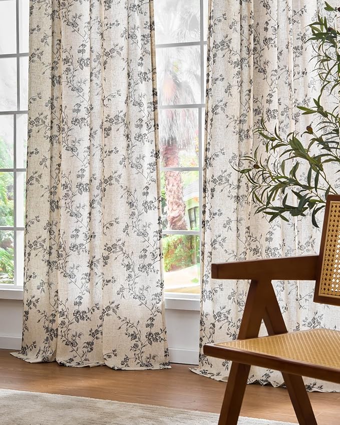 Lazzzy Farmhouse Linen Curtains Black Floral Curtains 63 Inch Length Back Tab Drapes for Living Room Bedroom Light Filtering Country Vintage Rod Pocket, 2 Panels, Black on Beige