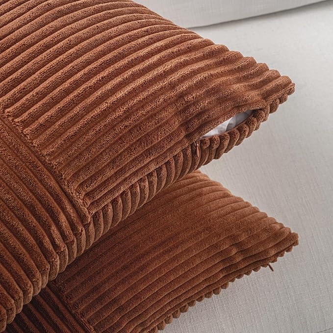 Fancy Homi 2 Packs Rust Lumbar Decorative Throw Pillow Covers 14x22 Inch for Living Room Couch Sofa, Rustic Farmhouse Boho Home Decor, Soft Striped Corduroy Rectangle Accent Terracotta Cushion Case