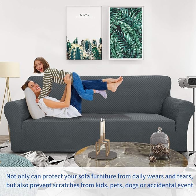 ZNSAYOTX 1 Piece Jacquard Couch Covers for 3 Cushion Couch Living Room High Stretch Sofa Cover Pets Dogs Friendly Anti Slip Thickened Slipcovers Furniture Protector (Sofa, Dark Grey)