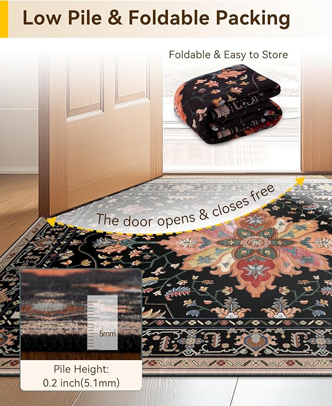 Area Rugs 6'x8' Washable Non-Slip, Floral Vintage Distress Print Pattern Medallion Carpet for Living Room Bedroom Dining Room, Black Colorful Floral Dark Tan