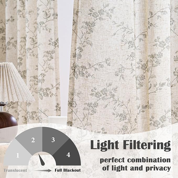 Lazzzy Grey Floral Linen Curtains 90 Inch Farmhouse Back Tab Drapes for Living Room Bedroom Light Filtering Vintage Grandmillennial Rod Pocket Curtains, 2 Panels, W38 x L90, Grey on Beige