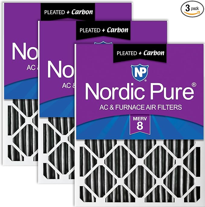 Nordic Pure 16x25x2 Pleated MERV 8 Plus Carbon Air Filters 3 Pack | Actual by NordicPure