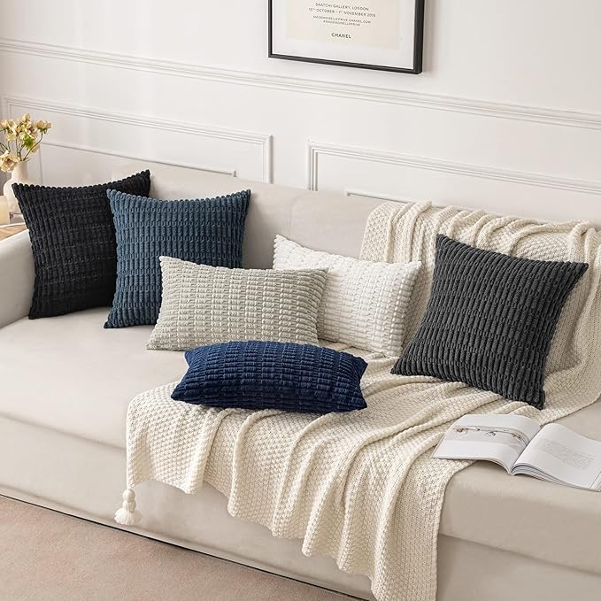 MIULEE Pack of 2 Corduroy Decorative Throw Pillow Covers 18x18 Inch Soft Boho Striped Pillow Covers Modern Farmhouse Home Decor for Summer Coastal Sofa Living Room Couch Bed Dark Blue