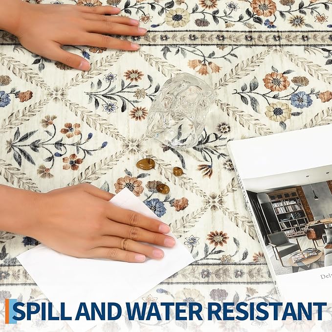 Washable Kitchen Runner 2x6 Non-Slip Floral Carpet Runner for Entryway Indoor Ultra Soft Stain Resistant Long Rugs Farmhouse Floor Mat for Hallways Laundry Bedroom Beige