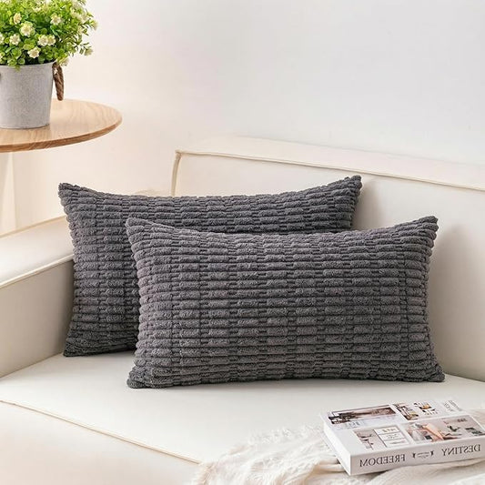 Pack of 2 Corduroy Decorative Throw Pillow Covers 12x24 Inch Soft Striped Pillow Covers Modern Farmhouse Home Decor for Sofa Living Room Couch Bed（Dark Grey）