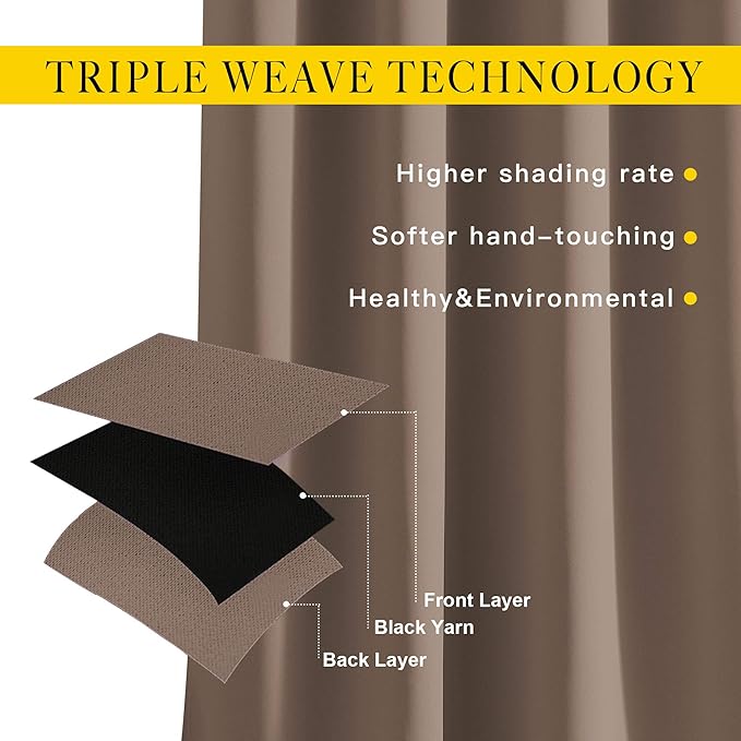 NICETOWN Kitchen Blackout Curtains and Drapes - Triple Weave Energy Saving Thermal Insulated Solid Grommet Blackout Panels for Patio (1 Pair, 52 inches by 72 Inch, Cappuccino)