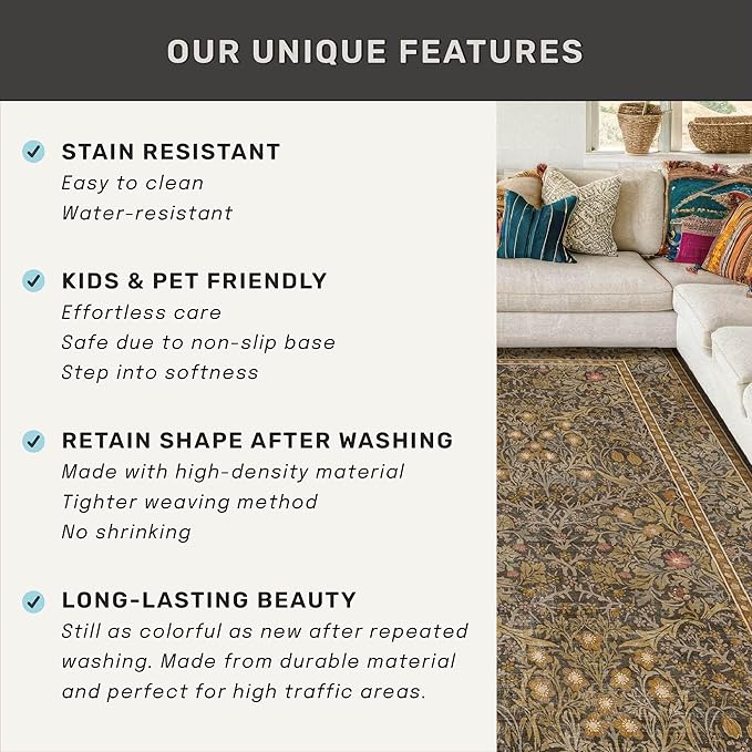 Washable 9x12 Living Room Rug - Gold Brown Floral Area Rug for Dining Room Under Table, Low Pile Non-Slip Floor Carpet for Bedroom Under Bed - Vintage Taupe Design & Stain Resistance