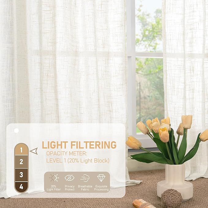 LAMIT Cream Linen Kitchen Curtains 30 Inch Length, Semi Sheer Light Filtering Window Panels Back Tab and Rod Pocket Drapes for Basement/Small Windows, 25 x 30 Inch, 2 Panels