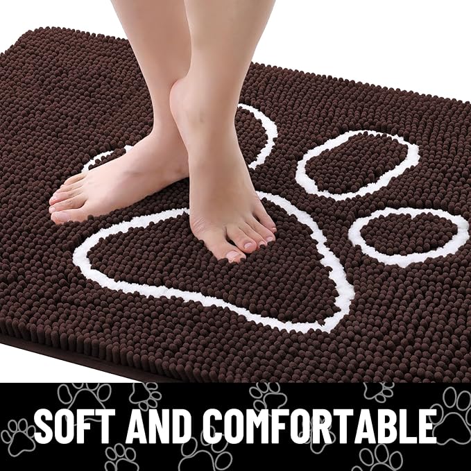 Smiry Dog Door Mat for Muddy Paws, Absorbent Dirt Trapper Non Slip Quick Dry Washable Chenille Mat for Mud Dogs, Entry Rug for Indoor and Outdoor (47x20 Inches, Brown and White)