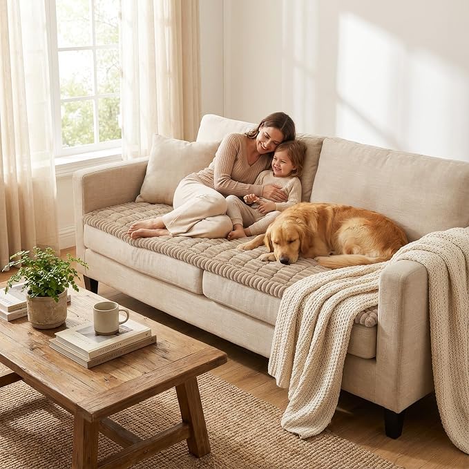Smiry Couch Cover for Dogs Washable, Non Slip Fuzzy Pet Couch Covers for 3 Cushion Sofa Pet Friendly, Thick Soft Sofa Slipcovers Cushion Protector (Khaki, 27.6" x 47")