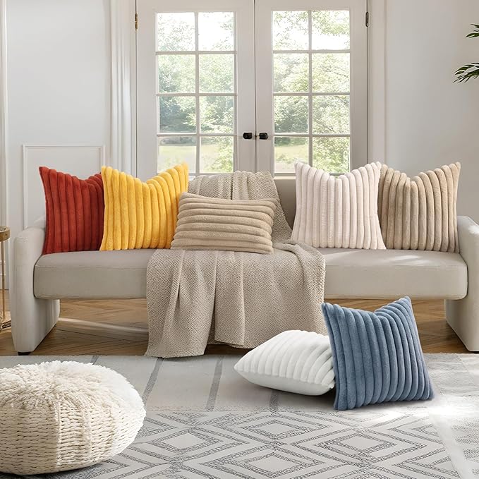 decorUhome Cozy Faux Fur Throw Pillow Covers 12x20 Set of 2 Decorative Soft Plush Striped Lumbar Modern Farmhouse Boho Couch Pillow Cases with Velvet Back for Sofa Bed Living Room, Khaki Brown