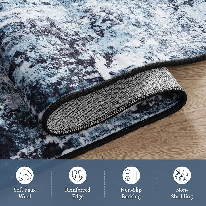 Rugflix 6x9 Area Rugs for Living Room, Washable Large Rug Stain-Resistant Low Pile, Modern Dark Carpet for Dining Room Home Office Kid Room Nursery Bedroom, Navy Blue/Black