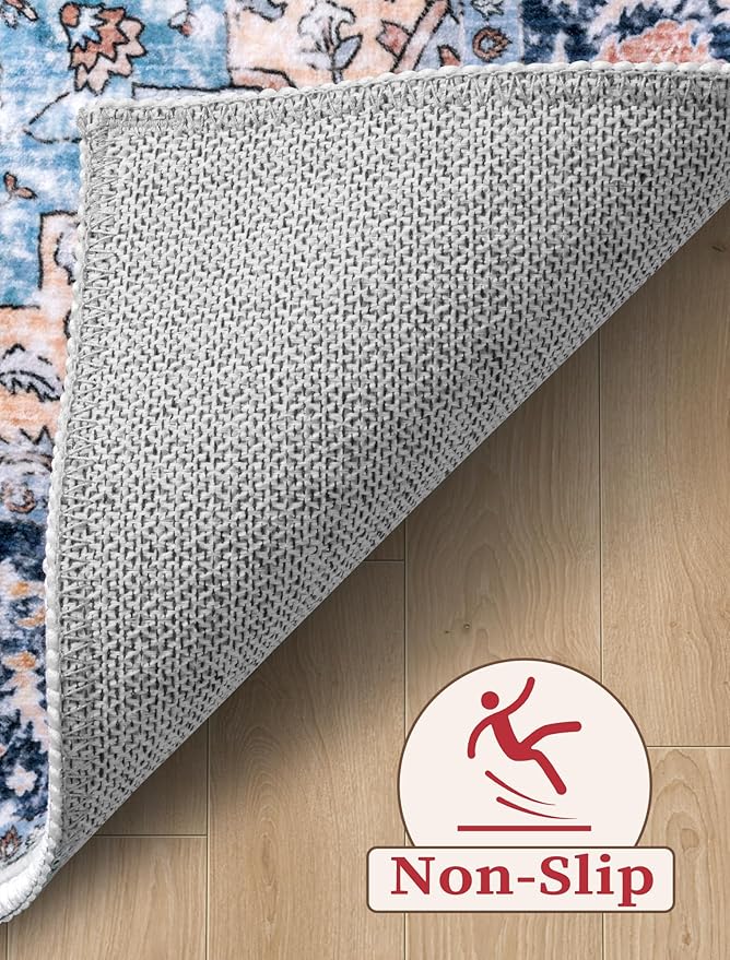 SERISSA Runner Rug for Hallways, 2'6"x14' Washable Non Slip Kitchen Runner Rug, Extra Long Boho Rug Ultra Soft Vintage Blue Orange Floor Carpet for Bedroom Hallway Entryway Bathroom Laundry Room