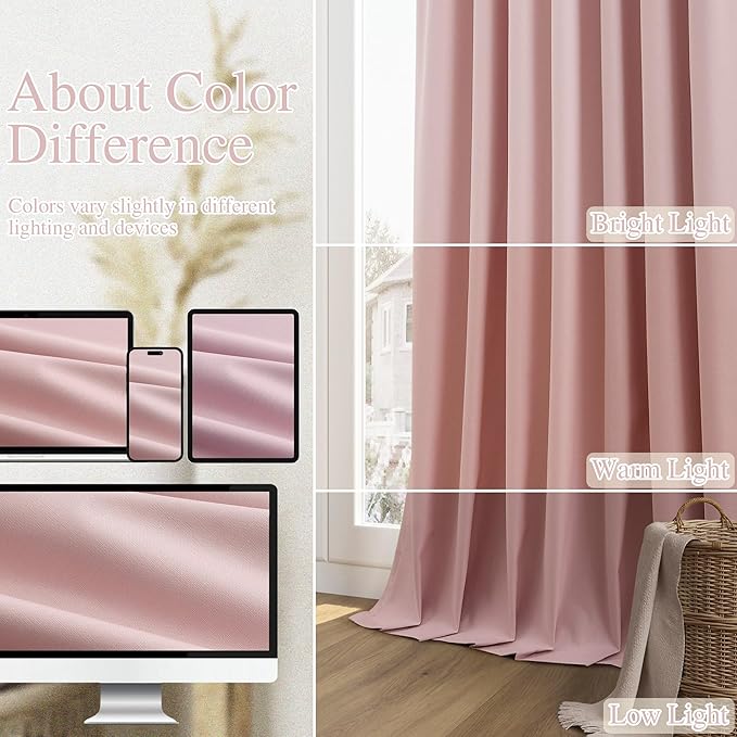 Guken 100% Blackout Curtains 80 Inch Length 2 Panels Set for Gilrs Bedroom Back Tab Thermal Insulated Black Out Linen Drapes Room Darkening Window Curtains 80 Inches Long,Pink