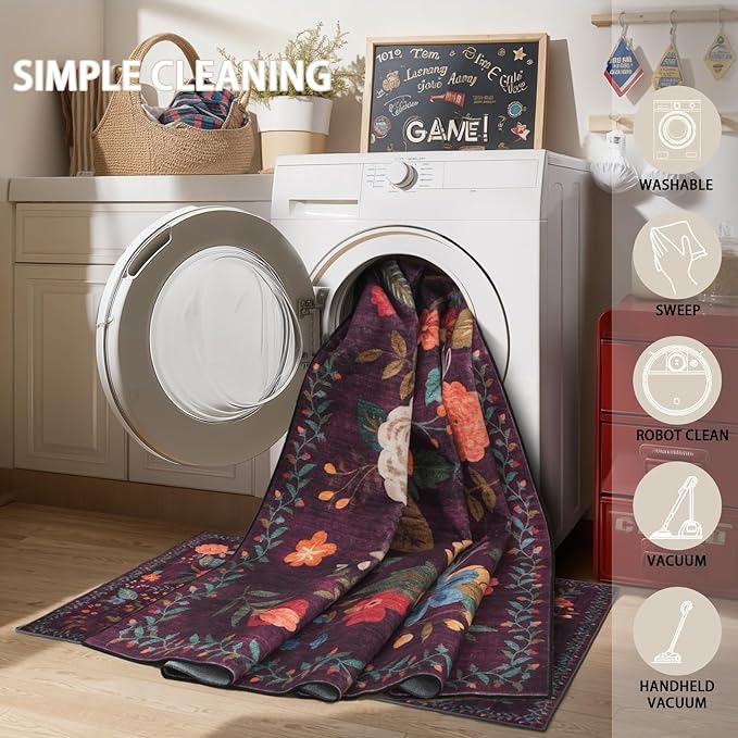 Rug for Hallways Kitchen Rug 3x7, Non Slip Washable Rugs with Rubber Backing Soft Floral Carpet Runner for Hallways, Kitchen, Laundry, Bedroom, Bathroom(3 x 7, Purple)