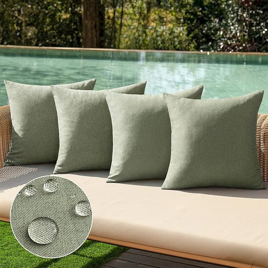MIULEE Pack of 4 Decorative Outdoor Throw Pillow Covers Linen Waterproof Pillow Covers Spring Farmhouse Cushion Cases for Patio Garden Tent Balcony Couch Sofa 16x16 inch Gray Green