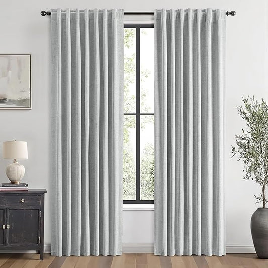 MIULEE 100% Blackout Linen Curtains for Bedroom, Grey Solid Luxury Decor Thermal Insulation Room Darkening Drapes for Living Room Nursery Back Tab Rod Pocket 42 x 90 Inches, 2 Panels
