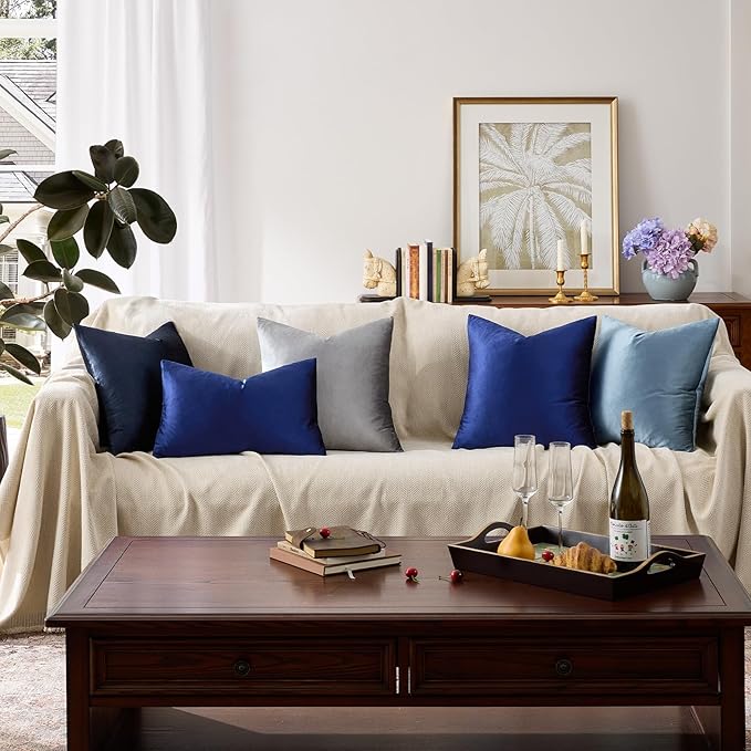 GIGIZAZA Blue Throw Pillow Covers 24x24, Pack of 2 Velvet Couch Pillows Living Room Decorative Square Cushion Cases Home Decor Bedroom Super Soft Throw Pillowcases