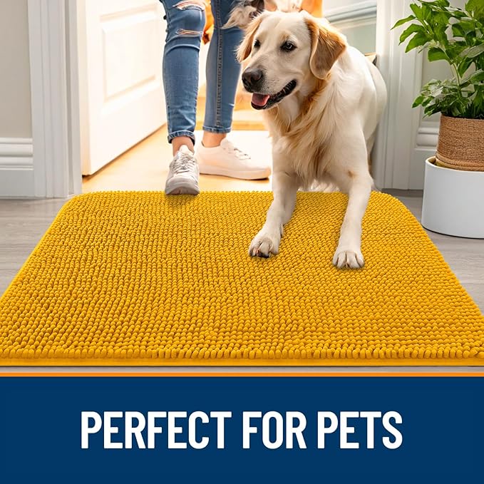 OLANLY Dog Door Mat for Muddy Paws 54x32, Absorbs Moisture and Dirt, Absorbent Non-Slip Washable Doormat, Quick Dry Chenille Mud Mat, Entry Indoor Entryway Carpet for Inside Floor, Golden Yellow
