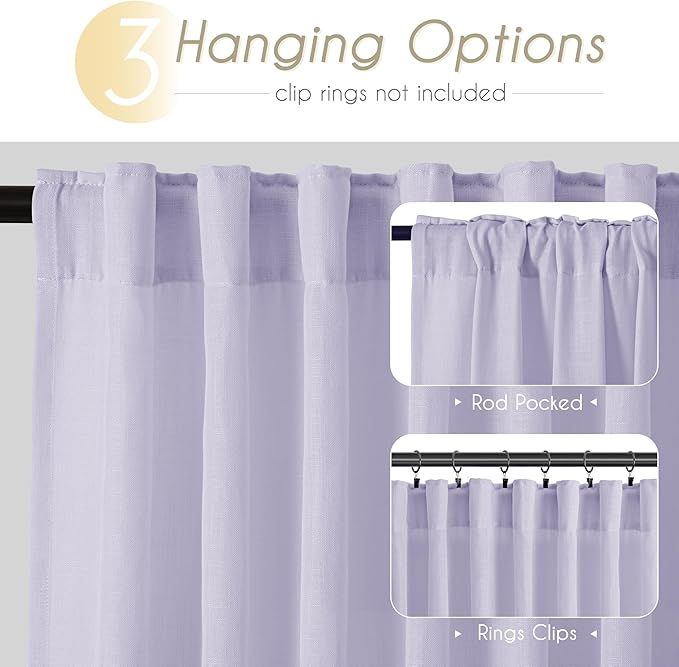 Lavender Semi Sheer Linen Purple Curtains 120 Inches Extra Long Ceiling to Floor for Purple Room Decor Back Tab Light Filtering Window Treatment Panels Drapes Luxury Elegant Sheer Violet