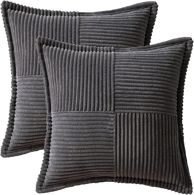MIULEE Decorative Throw Pillow Covers for Couch Bed Livingroom 20x20 Inch Set of 2 Dark Grey Boho Accent Throw Pllows Broadside Striped Patchwork Soft Corduroy Pillowcases