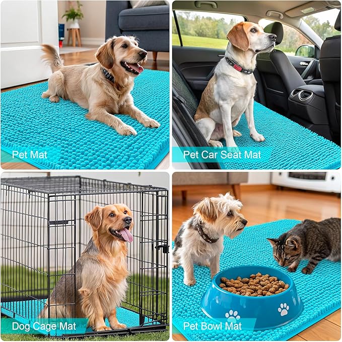 OLANLY Dog Door Mat for Muddy Paws 30x17, Absorbs Moisture and Dirt, Absorbent Non-Slip Washable Doormat, Quick Dry Chenille Mud Mat for Dogs, Entry Indoor Entryway Carpet for Inside Floor, Aqua Blue