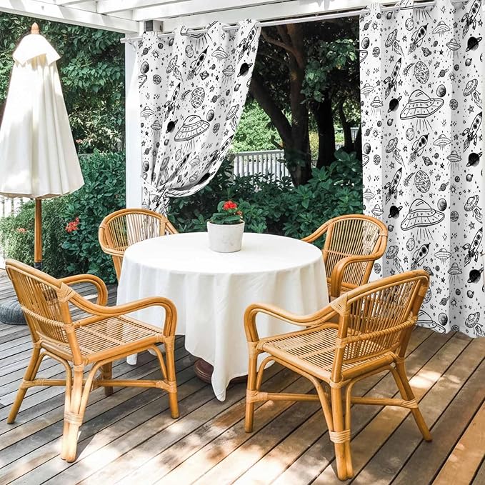 Cartoon Space Outdoor Curtains for Patio Rockets Astronauts Planets Black - Image 4