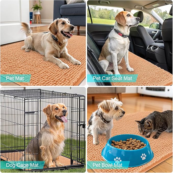 OLANLY Dog Door Mat for Muddy Paws 54x24, Absorbs Moisture and Dirt, Absorbent Non-Slip Washable Doormat, Quick Dry Chenille Mud Mat for Dogs, Entry Indoor Entryway Carpet for Inside Floor, Orange