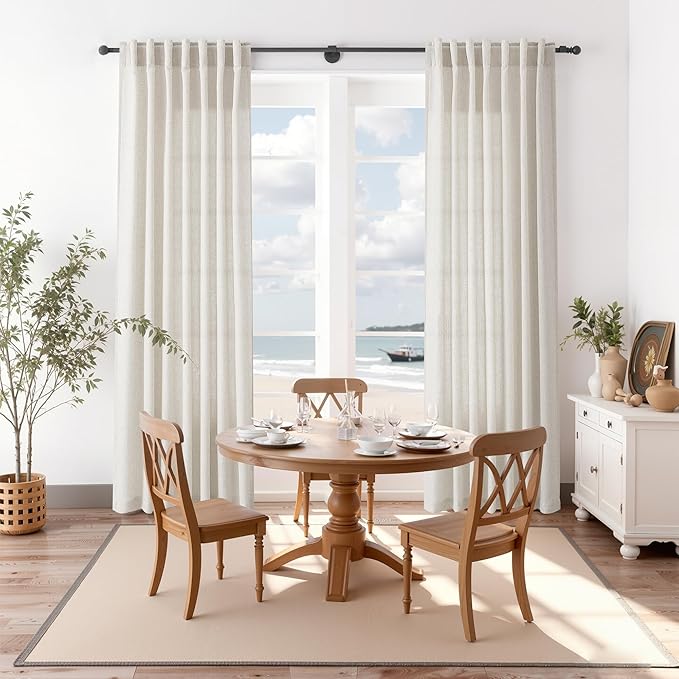Nanspring Pearl White Linen Curtains 120 Inches Long for Living Room Light Filtering Semi Sheer Curtain Back Tab Coastal Decor Long Floor to Ceiling High Window for Bedroom Office 52x120, 2 Panels