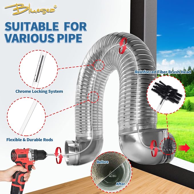 Bluesea 7 Pieces 12 Feet Dryer Vent Cleaner Kit, Reinforced Nylon Dryer Vent - Image 2