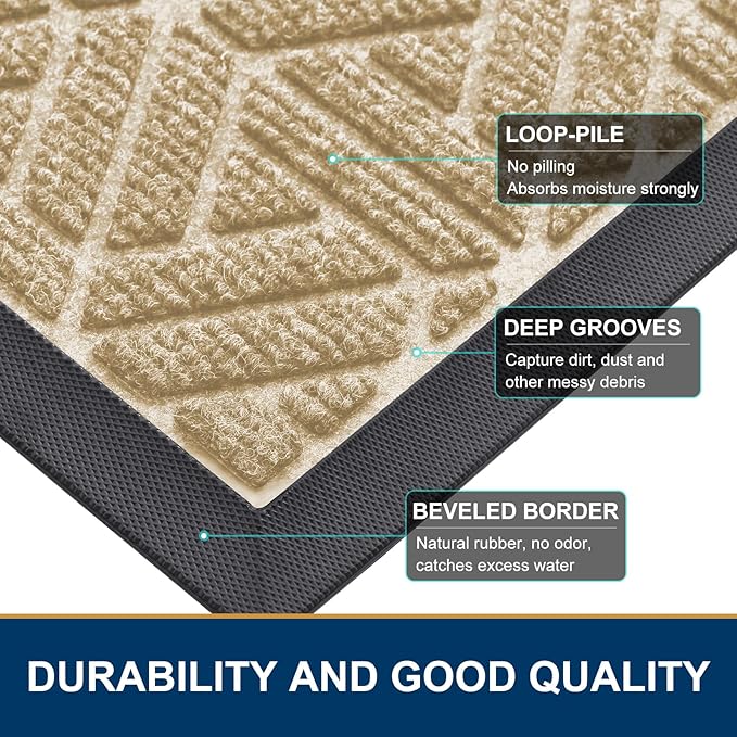 Smiry Front Door Mat Outside Entrance, Heavy Duty Sturdy Natural Rubber Doormat, Trap Dirt and Moisture, Easy Clean Low Profile Mats for Indoor Outdoor Entry, Grid Geometric (47x23, Beige)