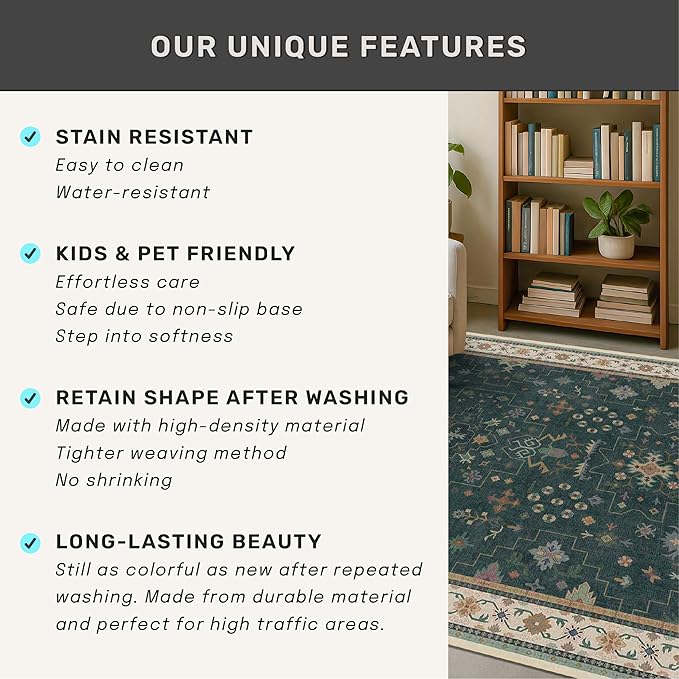 Hazo Haus Dark Green Oushak Living Room Rug 10x12 - Modern Vintage Boho Eclectic Floral Pastel, Washable Low Pile Non-Slip Extra Large Area Rugs for Dining Under Table Bedroom Lounge